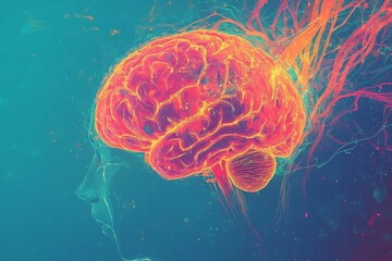 Illustration of a glowing brain in vibrant pink and orange tones with neural pathways against a blue background