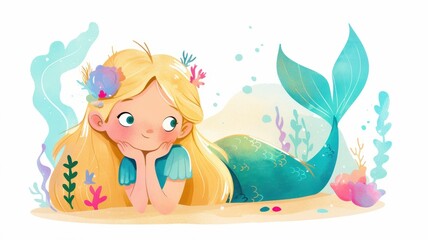 Adorable Blond Mermaid Girl Resting on Sandy Beach Ocean Fantasy Illustration