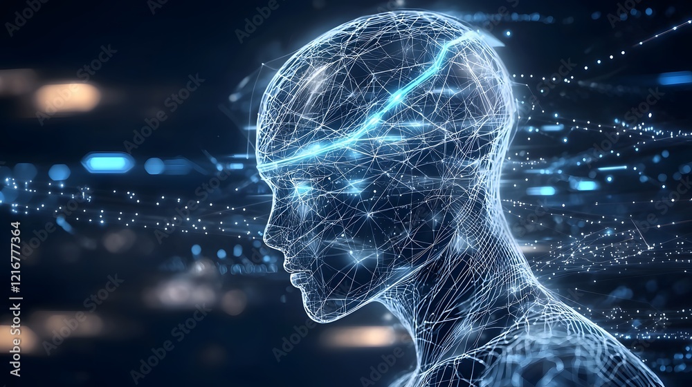 Poster Futuristic digital figure surrounded by dynamic data visualization elements symbolizing advanced machine learning and analytical technologies