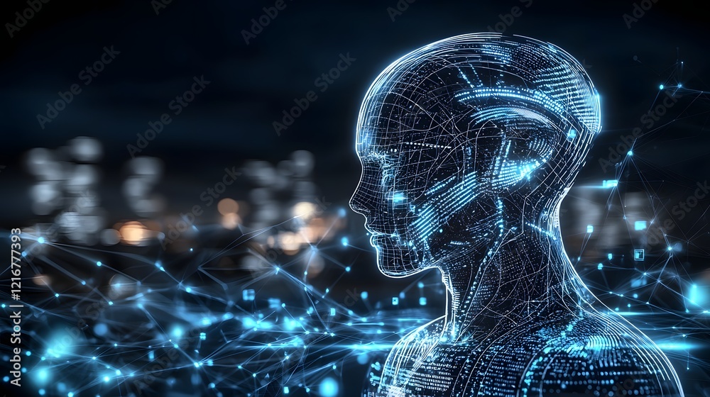 Poster Highly detailed 3D render of a digital figure surrounded by futuristic elements and data visualization symbolizing the advanced machine learning and intelligence technology of the future