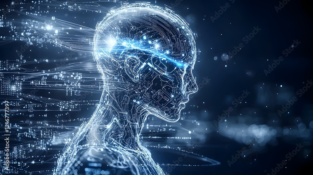Poster Futuristic Intelligence Design with Glowing Human like Silhouette Embedded with Circuits and Algorithmic Patterns Against a Visionary Background