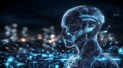 Highly detailed 3D render of a digital figure surrounded by futuristic elements and data visualization symbolizing the advanced machine learning and intelligence technology of the future