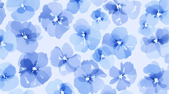 Seamless pattern with blue flowers painted in watercolor style on a white background, elegant floral design