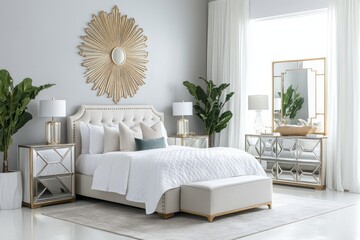 Elegant Master Bedroom with Gold Accents and White Bedding