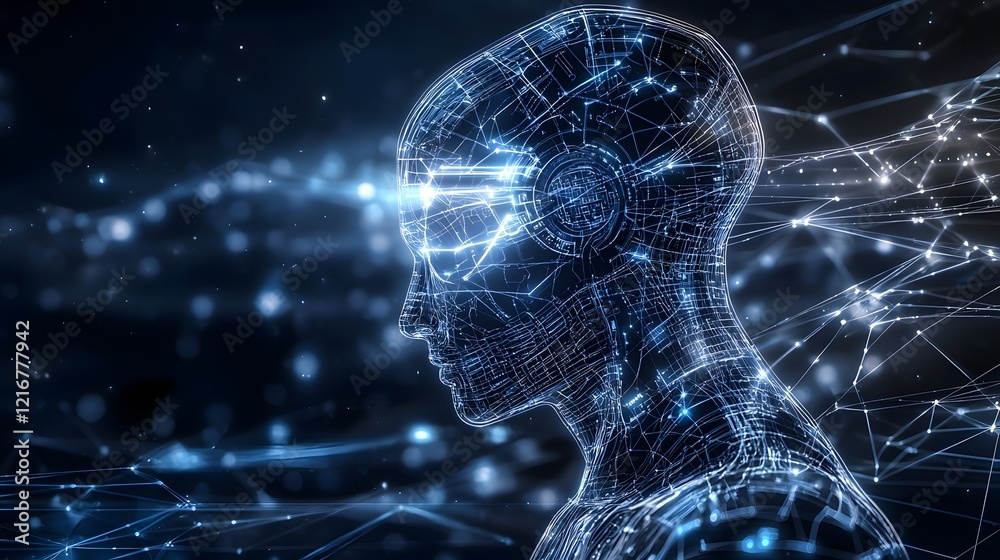 Poster Cybernetic Digital Silhouette with Glowing Pathways and Futuristic Design Visualizing Intelligence and Technology in a Minimal Abstract Digital Background
