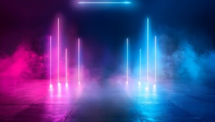 Fototapeta premium Abstract neon empty room with pink and blue lights and smoke. Futuristic neon background mockup for advertising and design