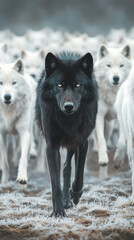 Obraz premium black wolf leads pack of white wolves in snowy landscape, showcasing strength and unity