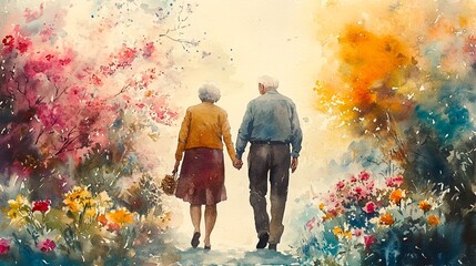 An elderly couple walking hand in hand through a vibrant garden full of colorful flowers.