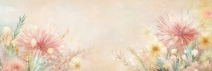 Abstract floral design with soft pastel dandelion shapes and delicate foliage background