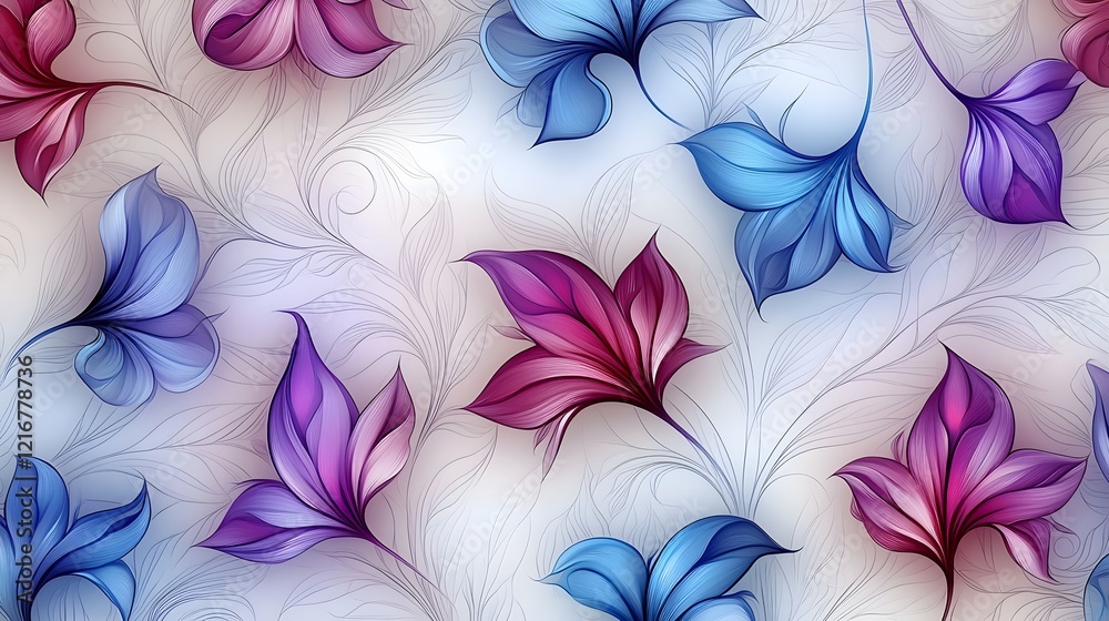 Poster vibrant floral pattern with abstract purple and blue flowers arranged in a seamless fantasy inspired