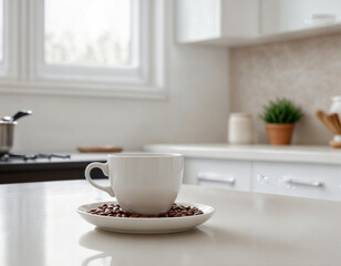 White cup of coffee on white kitchen table over blured kitchen interior background