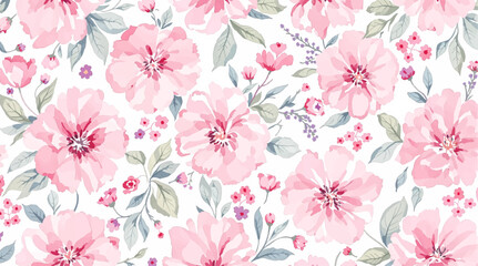 Seamless pattern with Pink flowers painted in watercolor style on a white background, elegant floral design