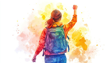 Obraz premium Colorful watercolor of A female student express with hands clenched upwards
