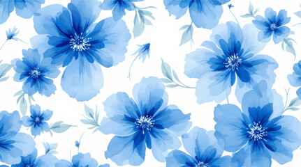 Seamless pattern with blue flowers painted in watercolor style on a white background, elegant floral design