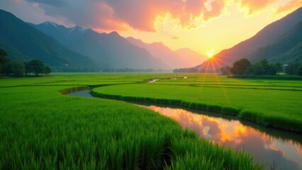 Obraz premium Serene Sunset Over Lush Green Rice Paddies and Majestic Mountains