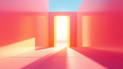 Fototapeta premium Open doorway illustration in soft pink hues with glowing light and serene horizon in a minimalist design