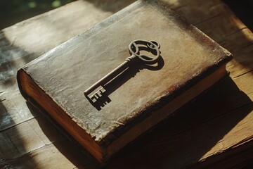 Vintage key rests on an old leather book, capturing a moment of nostalgia and history
