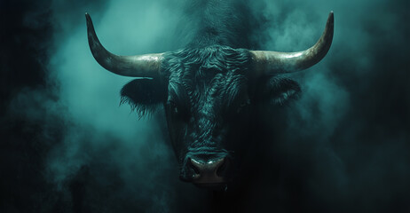 Obraz premium Dramatic Portrait of a Strong Bull Emerging Through Smoky Atmosphere