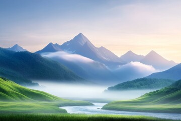 Fototapeta premium Majestic mountain range at sunrise with serene mist and vibrant landscapes creating a picturesque morning atmosphere. Generative AI