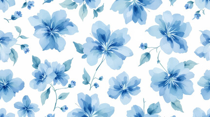 Obraz premium Seamless pattern with blue flowers painted in watercolor style on a white background, elegant floral design 