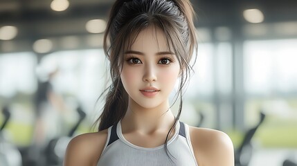 Professional female Japanese golf instructor, fair-skinned with dark ponytail hair, smiling confidently at an indoor golf reception area, wearing sporty yet chic attire, upper body visible, 