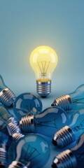 Bright yellow light bulb standing out among blue bulbs on a gradient background