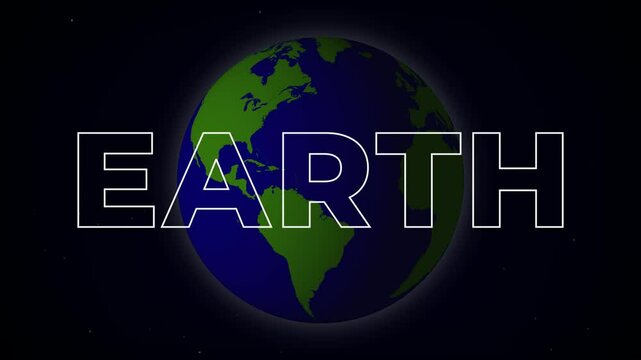 Spinning turning planet earth cartoon 3D animation globe world sphere with starry universe space background and map countries continents typography outlined text titles