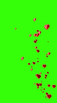 Romantic Background With Floating Red Hearts Of Various Sizes On A Green Screen. Perfect For Love, Romance, Valentine&rsquo;s, Greeting Cards, And Ads.