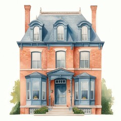 Obraz premium Elegant Brick Victorian House with Blue Accents Watercolor Illustration