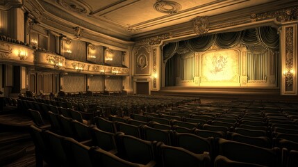 Naklejka premium Grand theatre interior, empty seats, stage lit, ornate details, performance venue