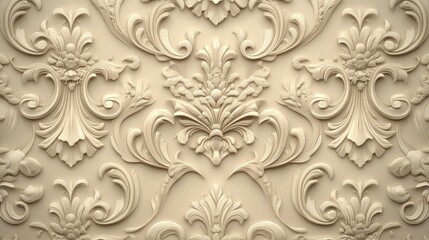 Classic damask in soft beige tones with intricate floral patterns creating