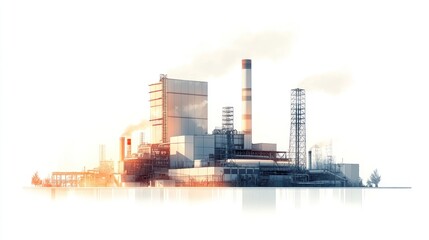 Obraz premium Industrial complex with smokestacks emitting smoke against a white background.