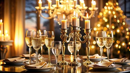 Elegant glasses of champagne on a luxurious table setting with candelabras and fine china, elegance