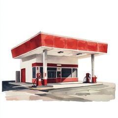 Naklejka premium Retro Red and White Gas Station Watercolor Painting Vintage Fuel Pump Americana Illustration