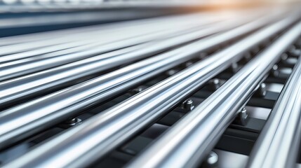 A close-up view of shiny metallic rails arranged in parallel, reflecting light and showcasing their smooth surface and industrial design.