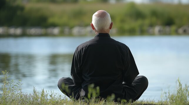Finding Peace Elderly Man Practices Meditation by Serene Lake, Enjoying Tranquil Retirement