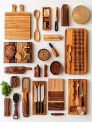 Wooden kitchen utensils and boards arranged on white background, flatlay