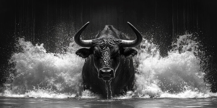 Dynamic Black Bull Charging Through Splashes of Water on Dark Background