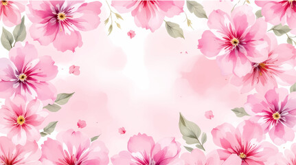 Seamless pattern with pink flowers painted in watercolor style on a white background, elegant floral design	