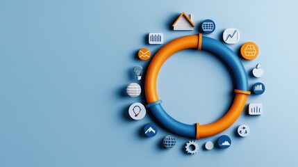 A circular graphic featuring orange and blue segments, surrounded by icons representing data analysis and business metrics.
