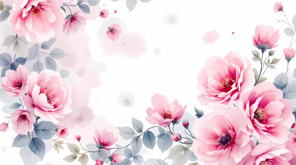 A white background with pink flowers in the foreground