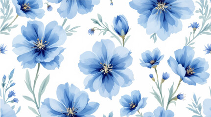 Seamless pattern with blue flowers painted in watercolor style on a white background, elegant floral design	