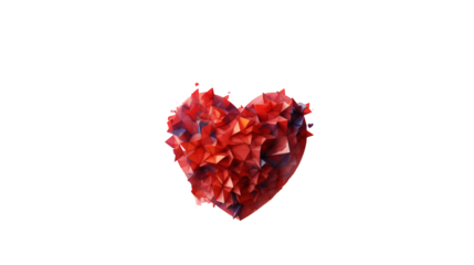 Red polygonal heart shape in low-poly style, a modern Valentine�s Day digital art for romantic geometric design, transparent background.