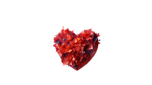 Red polygonal heart shape in low-poly style, a modern Valentine�s Day digital art for romantic geometric design, transparent background.