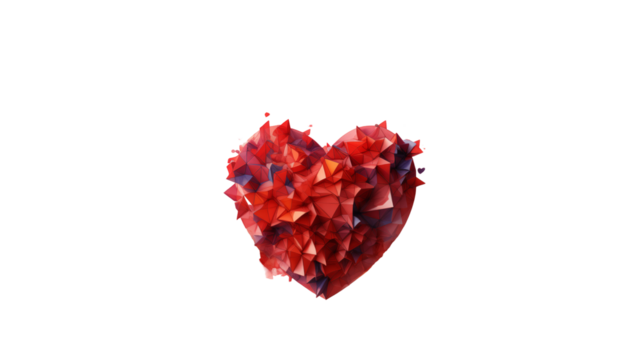 Red polygonal heart shape in low-poly style, a modern Valentine�s Day digital art for romantic geometric design, transparent background.