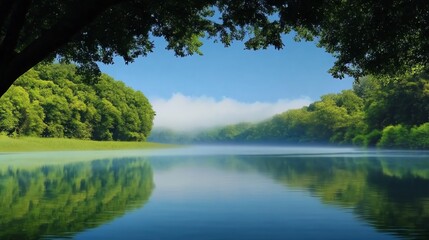 Fototapeta premium A serene lake surrounded by lush greenery and mist, reflecting the blue sky and trees, creating a tranquil natural landscape.