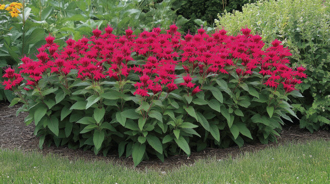 vibrant red bee balm monarda 'jacob cline' attracts pollinators to garden borders and mulched beds with dense clusters of perennial hummingbird-friendly summer flowers