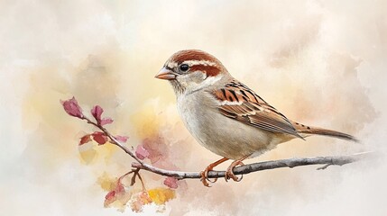 Obraz premium A watercolor painting of a sparrow perched on a branch.