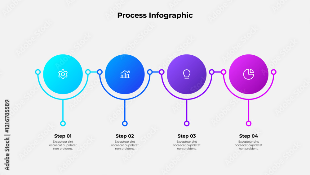 Poster Circles process infographic chart for business presentation. Infochart with thin line icons. Progress diagram with 4 steps or options sequence design
