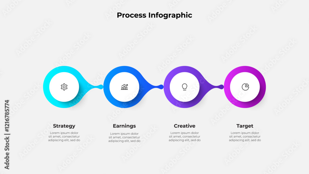 Poster Infographic circular process infographic chart for business presentation. Circles infochart with thin line icons. Diagram with 4 steps sequence design for web pages
